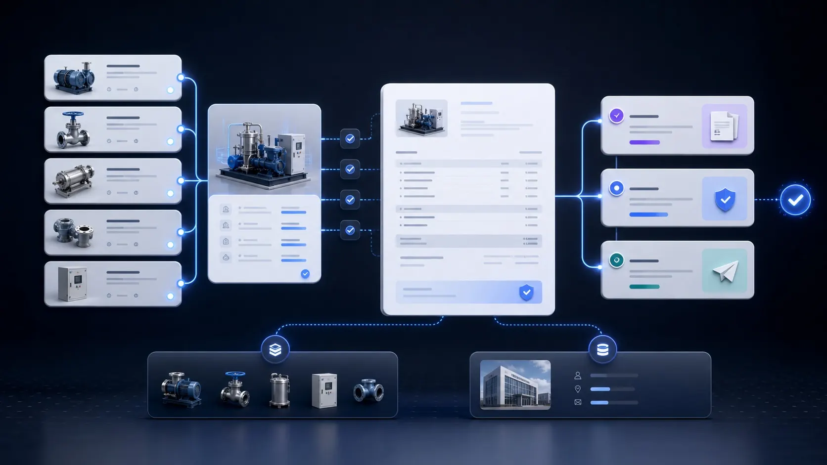 Flujo visual de productos técnicos que se convierten en una cotización industrial