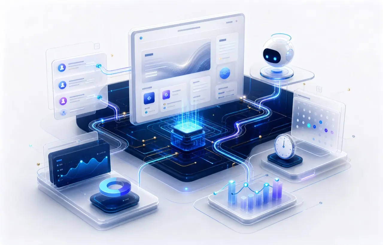 Conceptual view of a web platform, CRM, scheduling and analytics connected