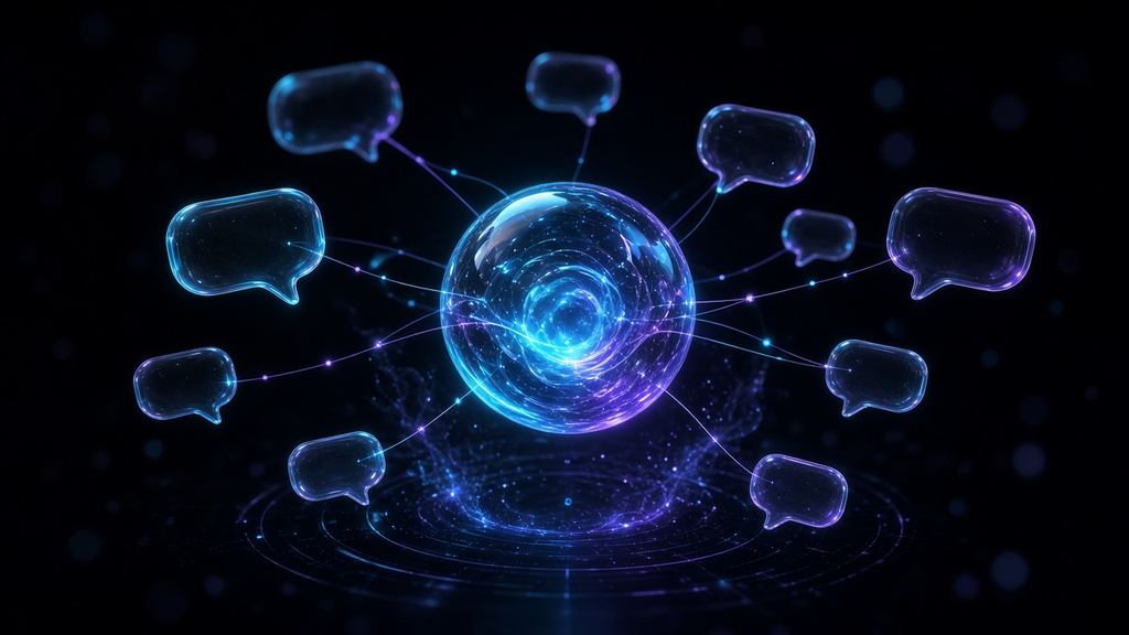Sphere of light surrounded by message bubbles representing a prospecting agent