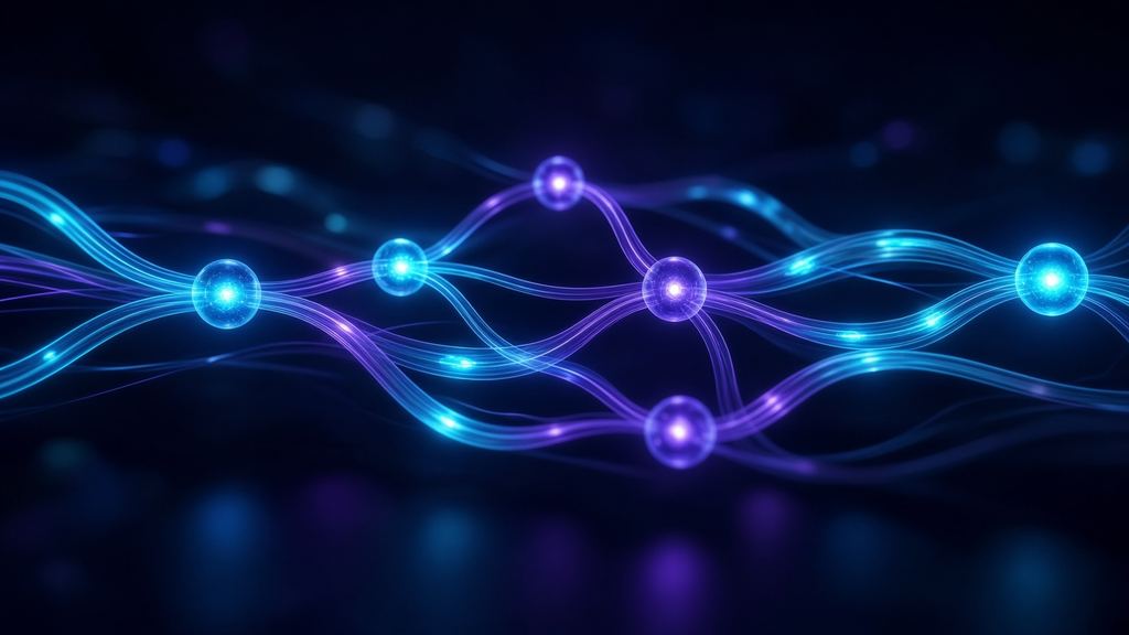 Network of glowing nodes with signals flowing like an automated workflow