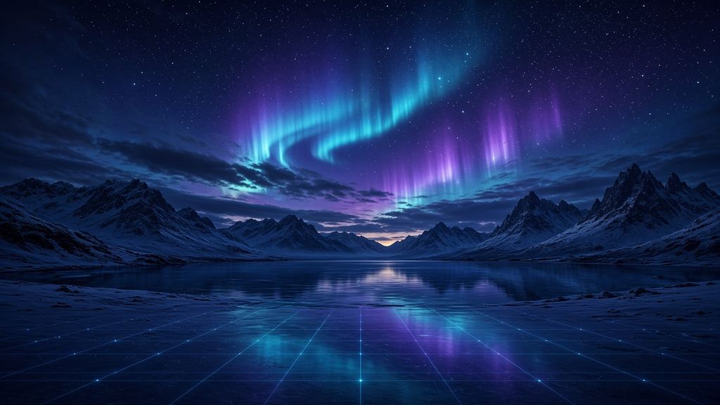 Cyan and violet northern lights over snowy mountains and a digital grid