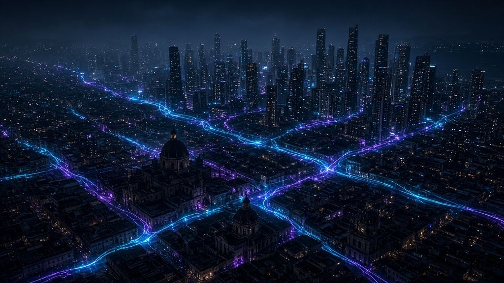 City at night with streets traced by light lines like a data network
