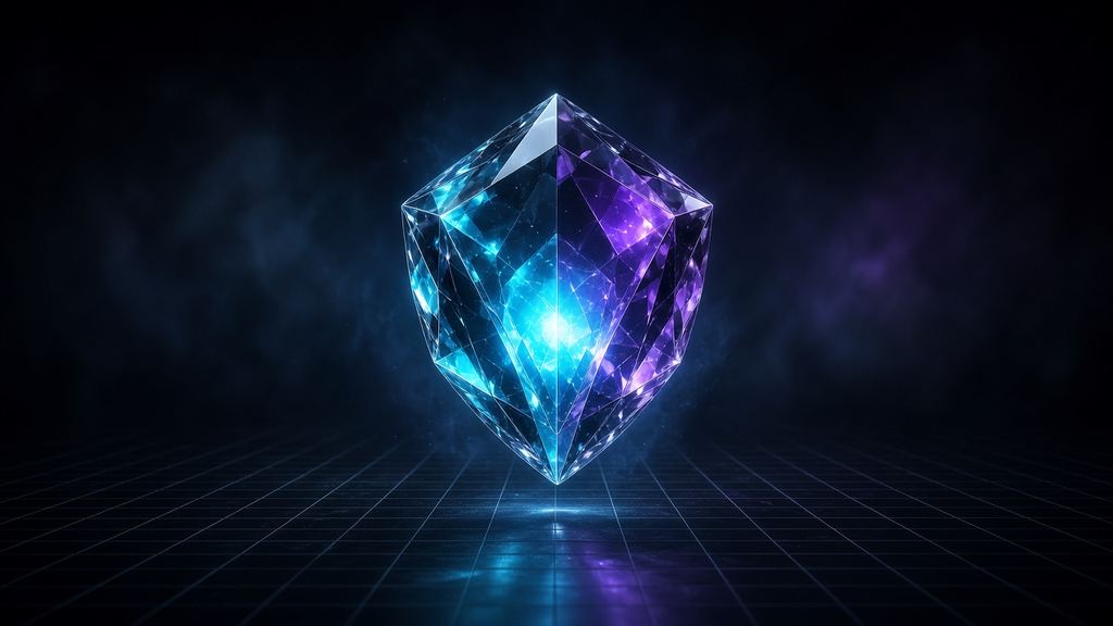 Faceted crystal shield glowing from within above a grid