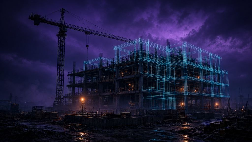 Construction site at night with a crane and blueprint-line structure