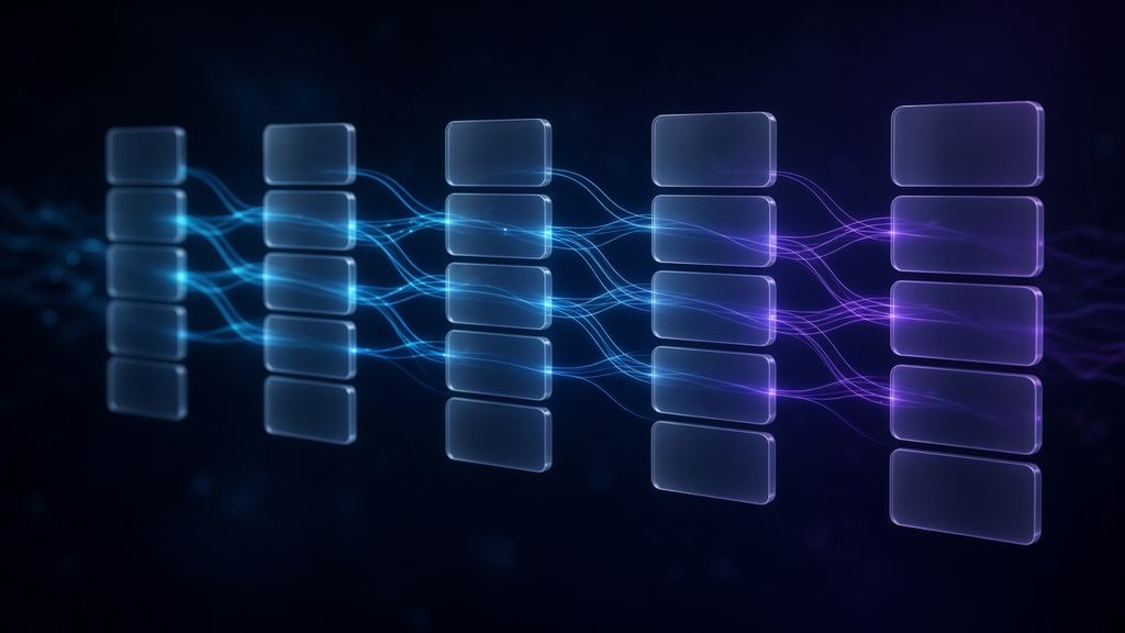 Glass cards linked by light paths representing a CRM sales pipeline