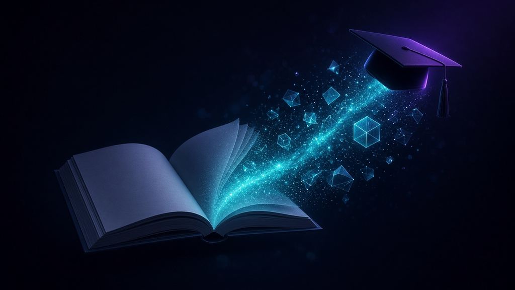 Open book whose pages turn into light particles next to a graduation cap