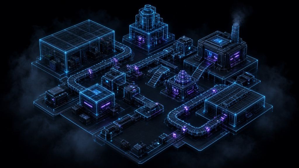 Isometric industrial operation in light lines: warehouse, conveyors and connected modules