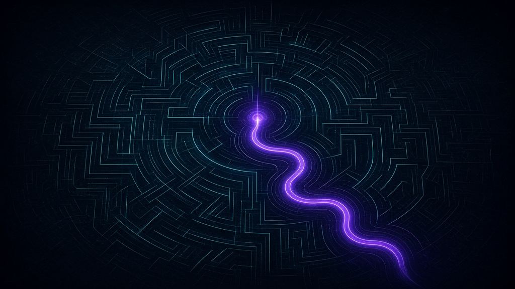 Maze of light lines with a violet path reaching the center