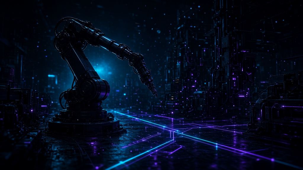 Industrial robotic arm lit in a dark plant with data lines