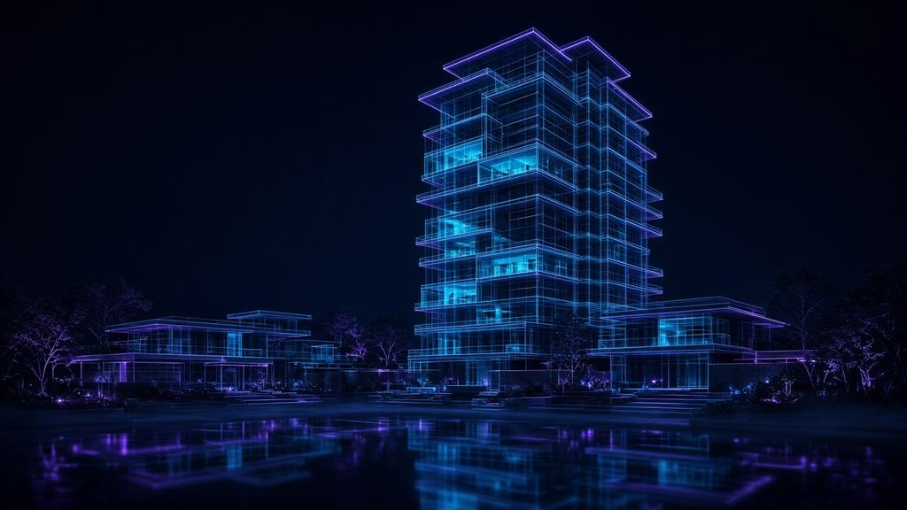 Modern residential tower in light lines reflected in water at night
