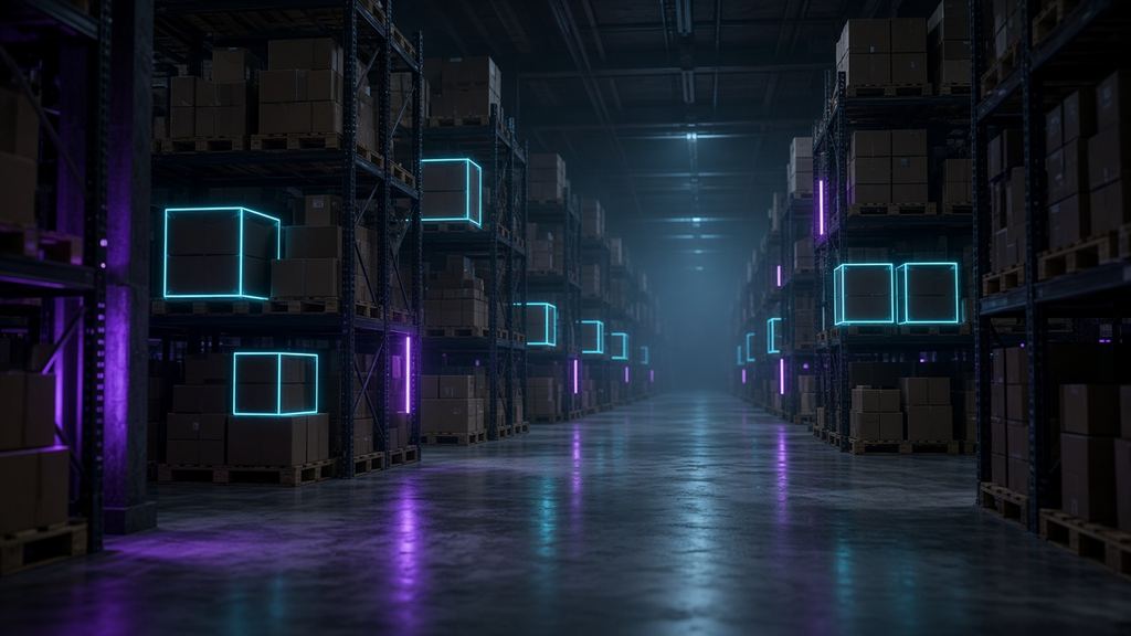 Warehouse aisles with tracked boxes highlighted in light