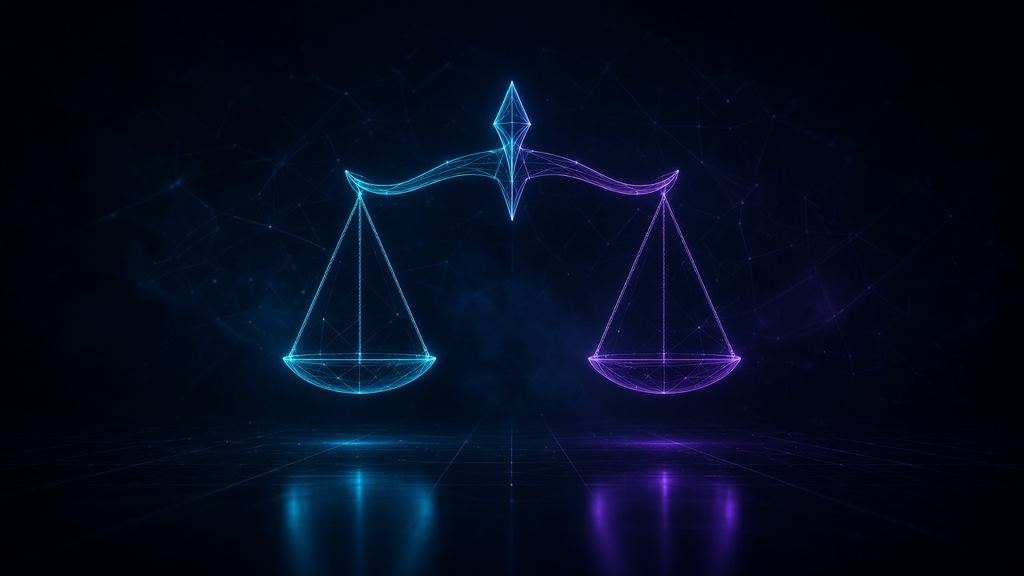 Scales of justice formed by cyan and violet light lines