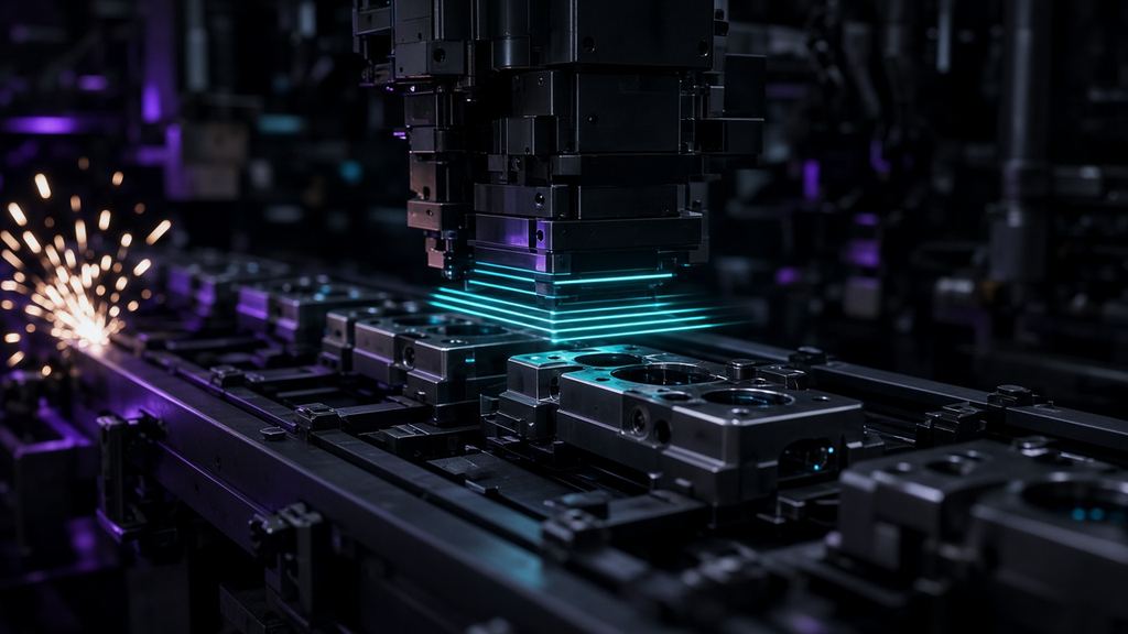 Manufacturing line with metal parts and glowing scan lines