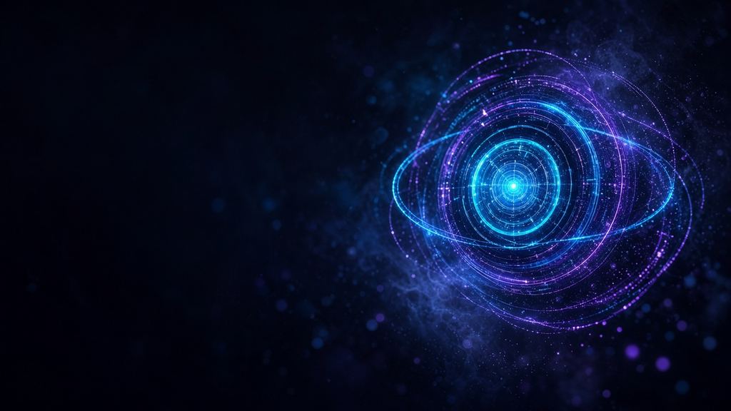 Glowing core of cyan and violet light rings representing the NEOS Protocol