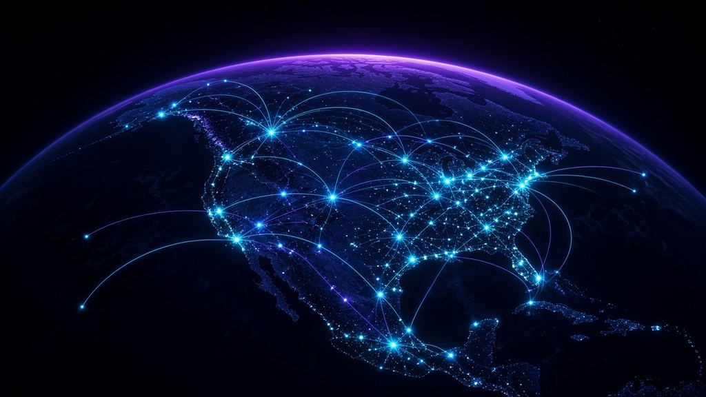 North America at night seen from space with cities connected by arcs of light