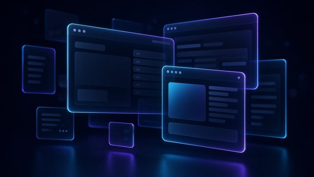 Layered glass browser windows floating in space