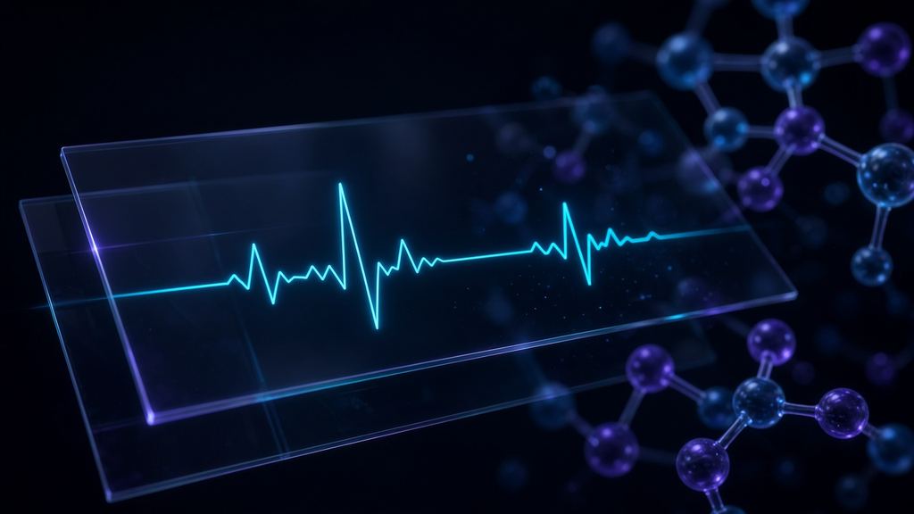 Glowing heartbeat line over glass panels and molecular structures