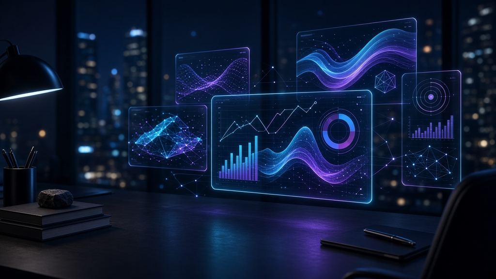 Desk at night with holographic panels of abstract charts
