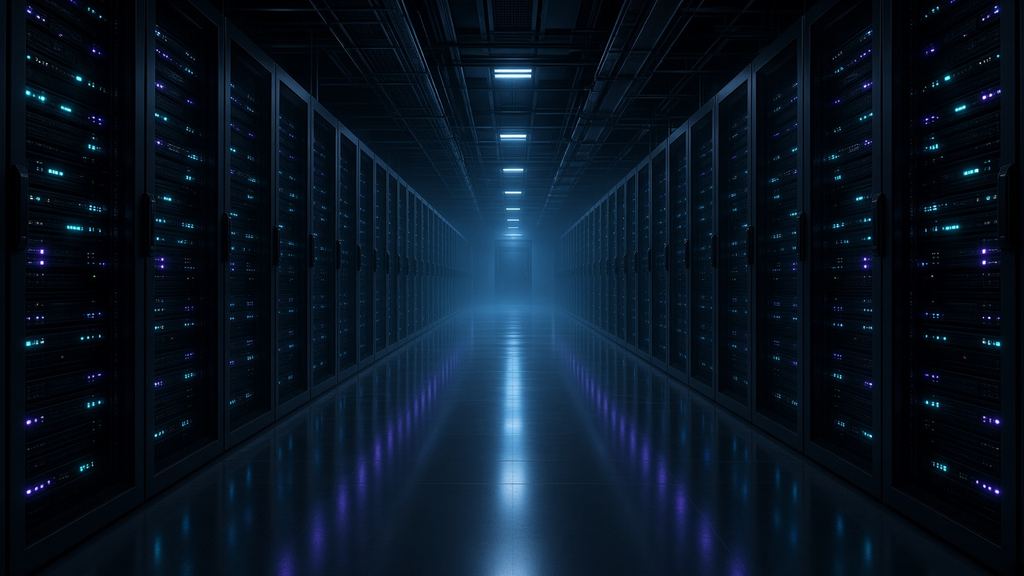 Data center aisle with server racks and status lights